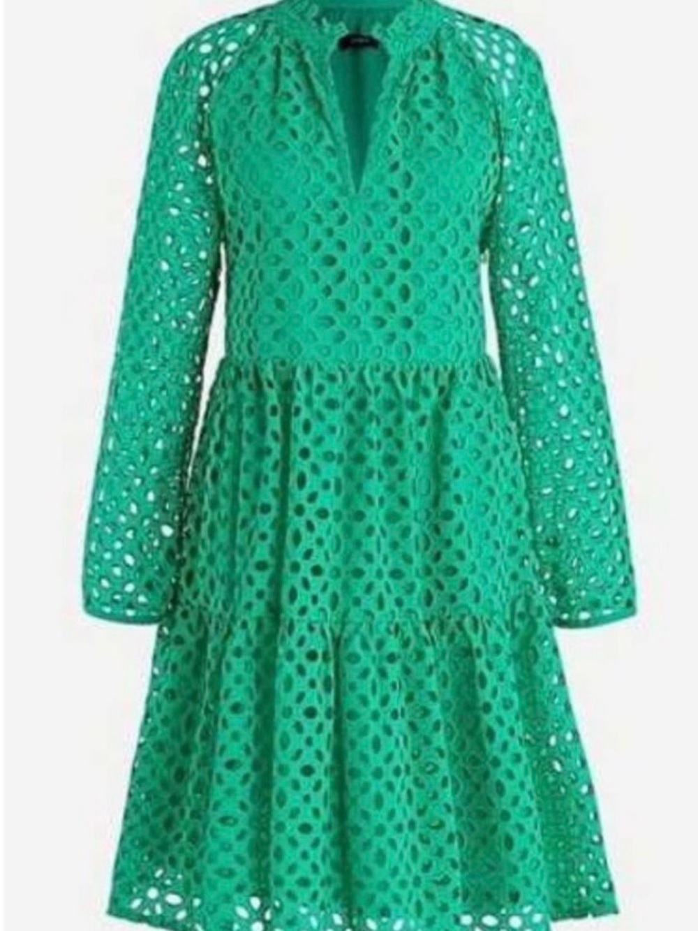 J Crew XXS Green Eyelet Long-Sleeve Tiered Dress